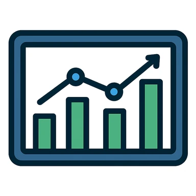 modern business metrics dashboard icon, flat vector style, rectangular display with navy frame, white background, four green bars of increasing height, overlaid with blue line graph and data points, minimal tech-inspired clean sticker