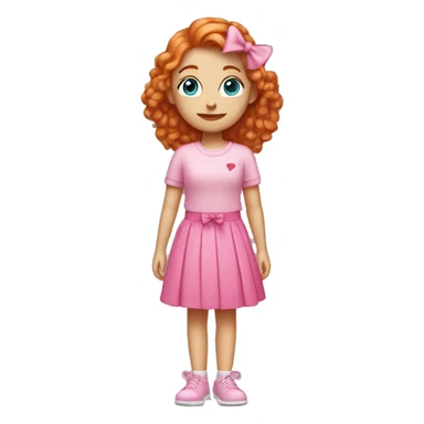 ginger girl with blue eyes holding up heart hands with a pink shirt and a pink skirt with a pink bow sticker