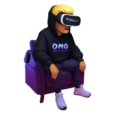 Donald Trump wearing a black hoodie with "OMG" letters on it and VR headset oculus quest 2 in a cyberpunk VR environment with violet neon lighting. sticker