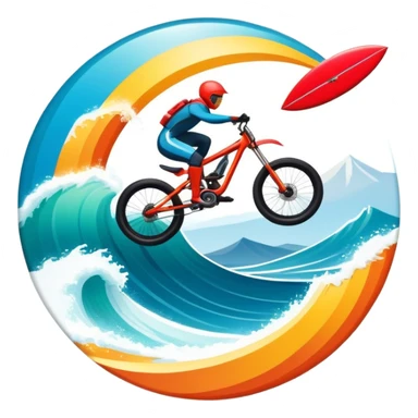 A bold, dynamic emblem combining elements of extreme sports like a mountain, a bike, surfing, ocean and a parachute, all within a circular or shield-like shape. The design conveys speed, adventure, with sharp lines and vibrant colors representing the thrill and intensity of extreme sports. sticker