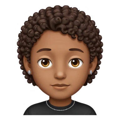 a boy emoji with a milk chocolate skin color, short dark brown curly hair with 2 silver stud earrings on both ears and 2 slits on each eyebrow and is wearing a black shirt with a silver necklace  sticker