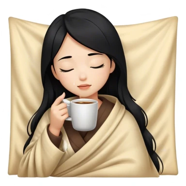 Asian girl inside a blanket sipping coffee eyes closed black hair sticker