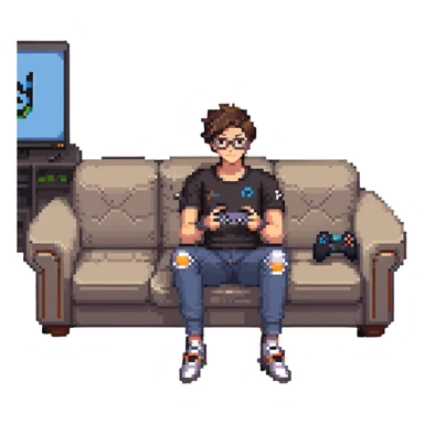 an Overwatch fan sitting on a couch with a controller, looking relaxed sticker