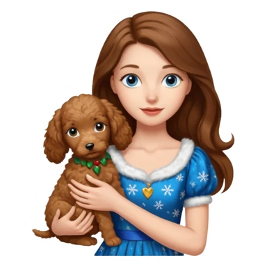 white girl with long brown hair and blue eyes wearing a christmas dress, holding a golden doodle puppy sticker