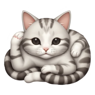 grey and white small cat with eyes closed lying down upside down with its paws/arms tightly covering its own face sticker