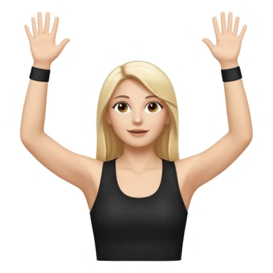 I want a white female dj animated gif emoji with long straight centre parting blonde hair, brown eye brows and putting hands up in the air. Wearing a black tight top with no sleeve sticker