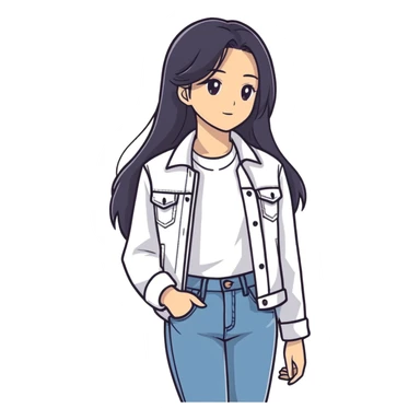 A girl with long hair that’s dark and she has a white shirt and a jacket and denim jeans sticker