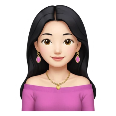 South Korean girl in her mid-thirties with long black hair with a middle part. She is wearing a pink, off the shoulder long sleeve knit sweater, extra small gold earrings and a gold necklace. She has brown eyes with narrow, mono lid shape and smiling with lips together sticker