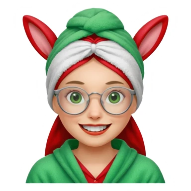 A woman who has a big rabbit-like front teeth wearing a green towel in her head with a broken glasses on her face in red pajamas sticker