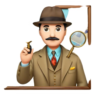 Icon for Detective Movies: A colorful collage featuring Detective Poirot, with a magnifying glass, revolver and a mysterious city backdrop. Include a board with photos of suspects, fingerprints, and a crime scene. Retro movie poster style. Transparent background. sticker