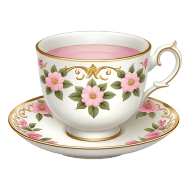 White teacup with baby pink floral antique print with gold accents  sticker