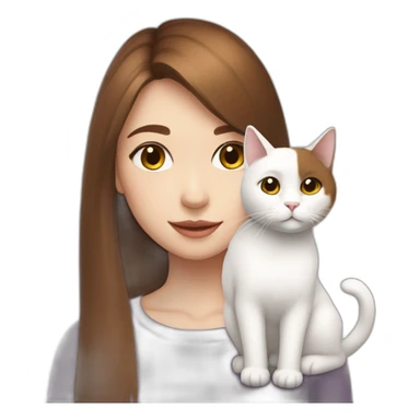 A girl with brown straight hair and on her left shoulder and neck lies a white fluffy cat with eyes of different colors sticker
