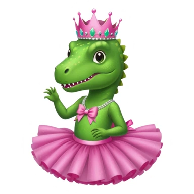 Trex wearing a tutu, tiara, and a pink glittery bow sticker