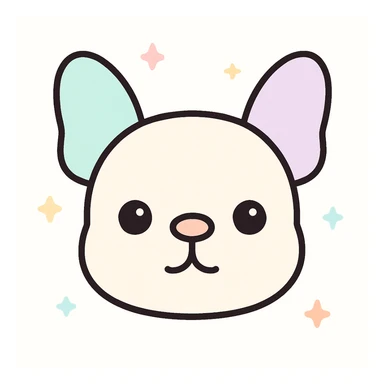 Minimalist kawaii line art of a French Bulldog dog's head: round, wide head, large upright bat-like ears, very simple face with two dot eyes, tiny round nose, upside-down 'Y' mouth. Thick, bold, clean black lines on white background, symmetrical, calm and sweet expression. No color or shading, just black linework. Slightly hand-drawn but polished, child-friendly. sticker