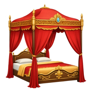 bed with red and gold sheets, wooden, canopy sticker