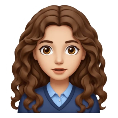 She has long, brown hair styled in soft wavy curls with a middle part. She has well-shaped eyebrows and dark brown eyes. She is wearing light makeup that highlights her natural beauty and is offering a slight smile to the camera. She is surprise sticker