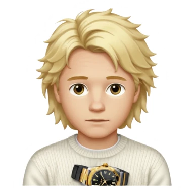 Create a look for a blond boy with long, tousled hair, light eyes, a white sweater, a wealthy appearance, blue eyes, and accessories like a Rolex or Cartier watch, and a cute face with messy hair down. sticker