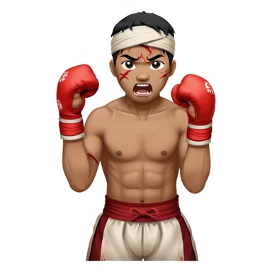 A traditional Lethwei fighter with wrapped bare fists and a traditional Burmese headband (gaung baung), shouting with fierce intensity, blood mark on glove, gritty and raw appearance, Burmese boxing sticker