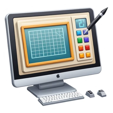 Professional icon for Game Design: computer screen with game interface, 3D models, pixel art, and design tools like grid, wireframe, and stylus. Symbolizes the technical and creative process of game development. Transparent background. sticker