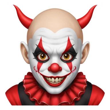 Crea un payaso que tenga toda la parte de la cara pintada de blanco que también de blanco esté la calva que no tenga pelo que tenga unas orejas como de duende, unos dientes picudos, unos cuernos de color negro y un traje de payaso rojo con negro sticker
