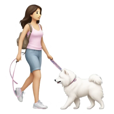 side profile full body view of brunette female with light pink skintone walking one samoyed dog on a leash in the same direction sticker