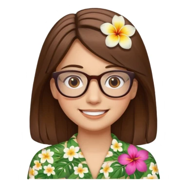 Hawaii female with fair skin. Shoulder length straight brown hair. Brown eyes with glasses. Hawaiian Flower in hair sticker