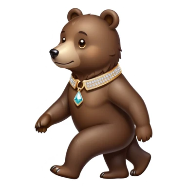 Dark brown bear walking on four paws wearing a luxury diamond-studded collar, shiny gems, minimalist emoji style sticker