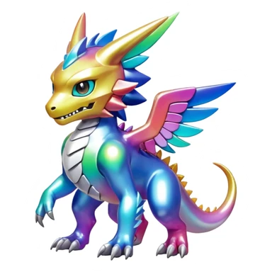white iridescent colorful metallic alloy gradient shiny glossy Fakémon-Digimon-creature-hybrid (full body) sticker