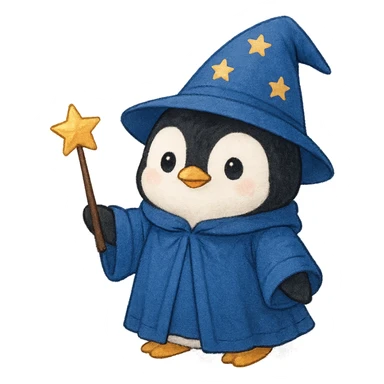 cute penguin wizard with a star-tipped wand, blue robe sticker
