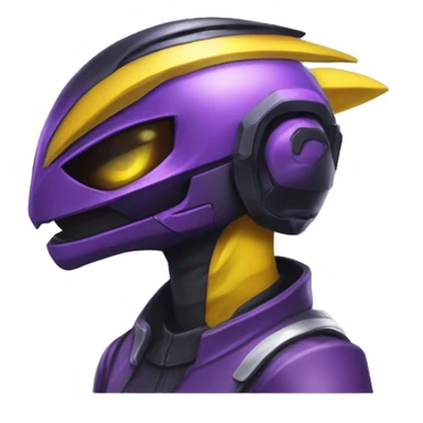 a shiny black-purple-yellow Genesect-Raptor-Fakémon—hybrid with a futuristic visor-helmet full bod sticker