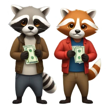 1 raccoon and 1 red panda each holding a bag of cash sticker