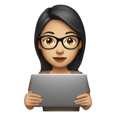 Brunette Asian girl with laptop, coffee, bow, glasses sticker