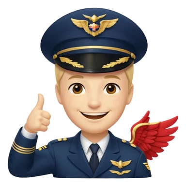 Slack-style emoji of a pilot wearing a slightly tilted navy captain hat with gold wings, giving a thumbs-up, big cheerful smile, eyes closed or happy squint sticker