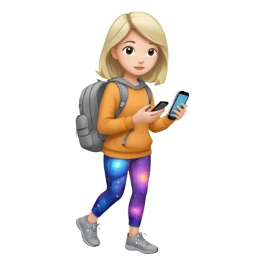 girl with cosmic-print leggings, sweatshirt, backpack, and phone sticker