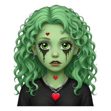 a green zombie girl with a scar on her face, long curly hair, wearing a black blouse and a silver necklace with a heart pendant downcast eyes and eyeliner sticker