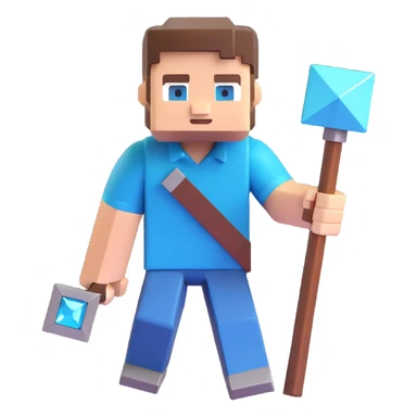 Minecraft Steve holding a diamond pickaxe, blocky style, cheerful expression, 3D emoji style sticker