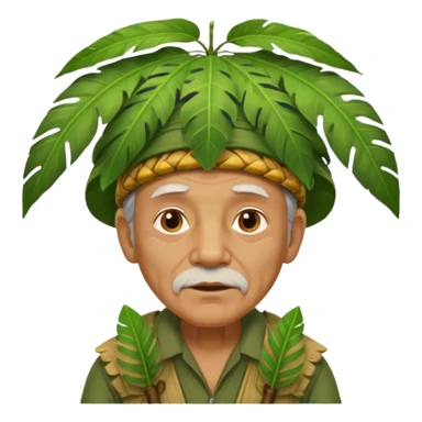 a old man with jungle wearing a large leaf headgear bye  sticker