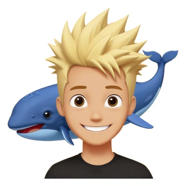 A cartoon-style drawing of a character with spiky blond hair, big eyes and a wide smile, wearing a black t-shirt with a red rectangle in the center, against a yellow background. Above the character's head is a large, fluffy blue whale, floating as if it is levitating or about to fall on him. The overall style of the image is colorful and fun, with clean lines and a touch of digital illustration. sticker