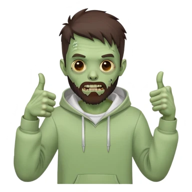 zombie with thumbs up gesture, undercut hairstyle with dark brown hair, short full beard, wearing plain white hoodie sticker