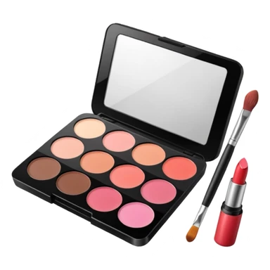 cute array of makeup items including lipstick, blush, eyeshadow palette, and makeup brush in classic emoji style sticker