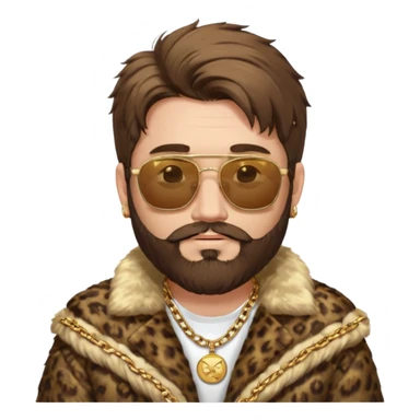 émoji blanc homme barbu, cheveux bruns collés au crane avec raie au milieu, grosses lunettes de soleil rectangulaires à grosse branches, gros bijoux en or (chaine, montre,) manteau de fourrure très fluffy sur les épaules sourire en coin, boucles d'oreilles sticker