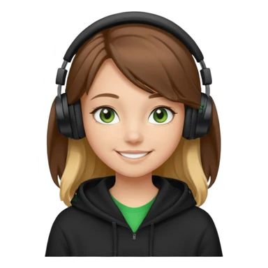 a girl with brown hair blonde ends green and wearing black headphones baggy hoddie she is happy  sticker