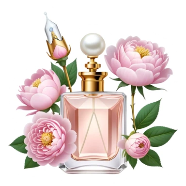 A delicate glass perfume bottle with a golden atomizer, surrounded by soft pink roses, white peonies, and dahlias, as pearl butterflies reflect beautifully in the crystal surface.
 sticker