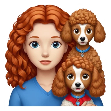 A red head with long hair blue eyes and a light brown poodle dog sticker