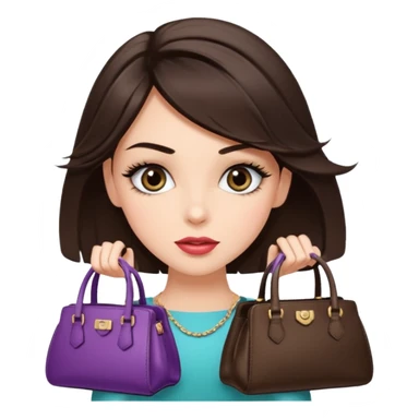 Glam brunette girl with eyelashes and fa looking left and right between two purses, playful puzzled expression — can’t decide between two options sticker