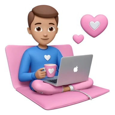 3D clay character relaxed with laptop and coffee, floating icons (envelope, heart, dollar), electric blue (#4A90D9) outfit, pink (#FF6B9D) floating icons, white laptop, Pixar style, transparent background sticker