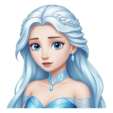 Cinematic Elegant Snow Queen Portrait Emoji, rendered in a realistic, vector-style with minimal shading and bold, simplified shapes. Depict Elsa (chest and above) with icy pale skin, long flowing platinum hair, and piercing blue eyes that exude quiet power, dressed in a shimmering ice-blue gown. The image glows with a soft, frosty radiance and high shine, capturing her ethereal, regal beauty. sticker