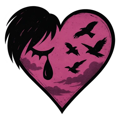emo heart with pink night sky and dark ravens, remove background sticker