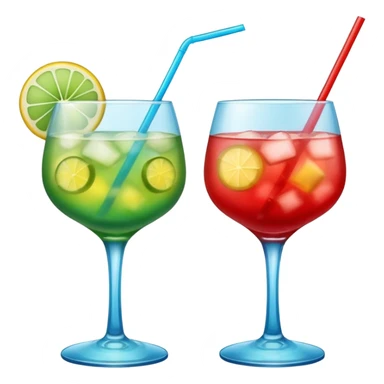 Create two emoji of clear red blended yellow cocktail, cheers with blue blended green cocktail, without any fruit and skewers sticker