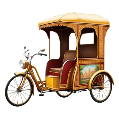 Cyclo rickshaw – Cinematic Realistic Cyclo Rickshaw, depicted as a charming, ornately painted three-wheeled cycle taxi with vintage detailing, set on bustling city streets under dynamic urban lighting that evokes cultural heritage and nostalgic charm. sticker